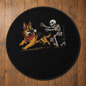 German Shepherd Stealing Skeleton Bone Cemetery Chase Round Rug Funny Dog Halloween Graphic