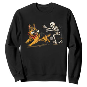 German Shepherd Stealing Skeleton Bone Cemetery Chase Sweatshirt Funny Dog Halloween Graphic