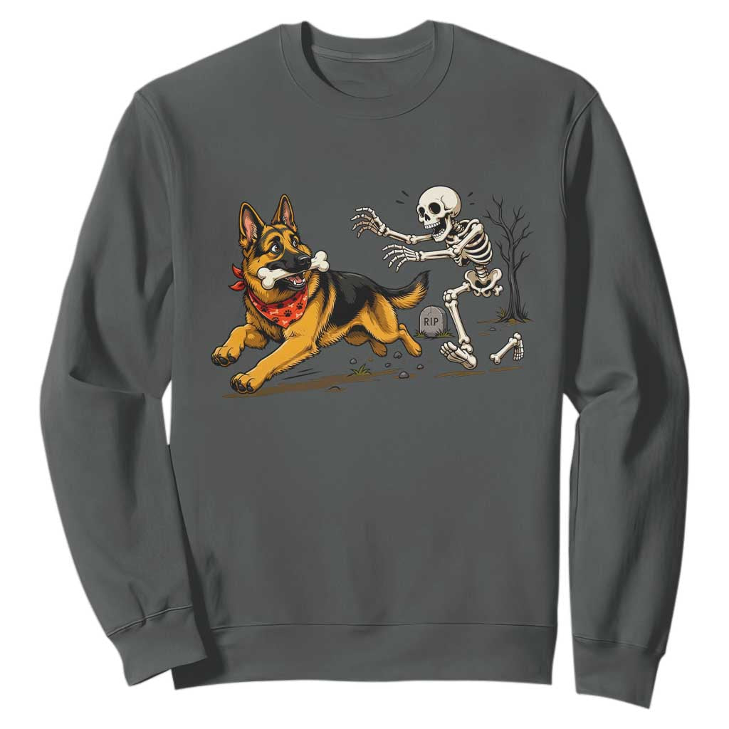 German Shepherd Stealing Skeleton Bone Cemetery Chase Sweatshirt Funny Dog Halloween Graphic