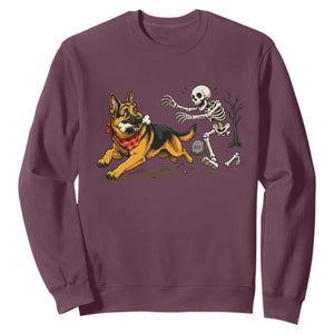 German Shepherd Stealing Skeleton Bone Cemetery Chase Sweatshirt Funny Dog Halloween Graphic