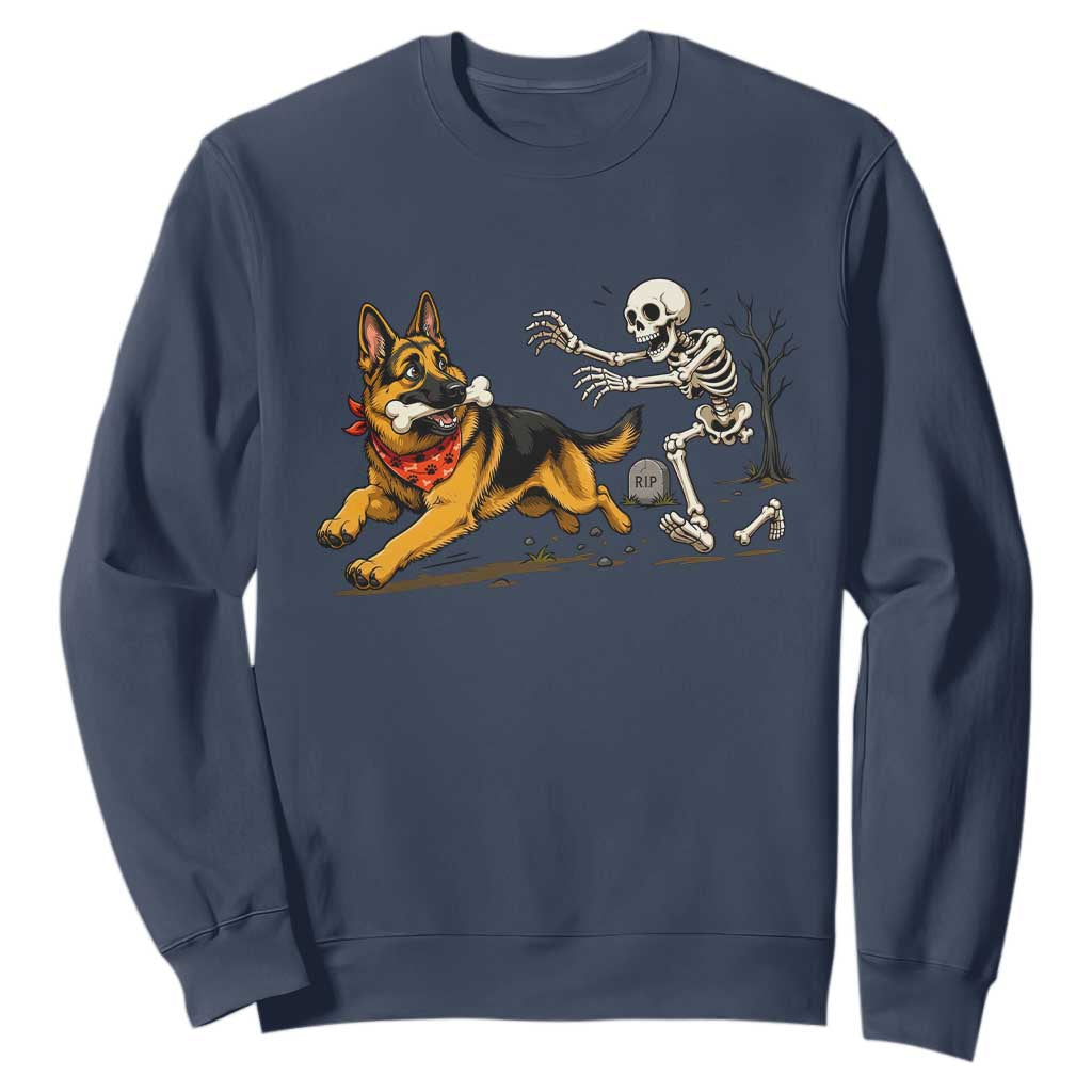 German Shepherd Stealing Skeleton Bone Cemetery Chase Sweatshirt Funny Dog Halloween Graphic