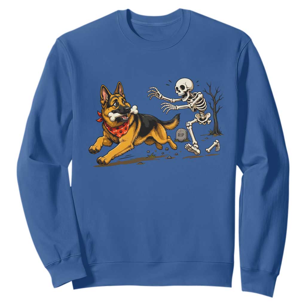 German Shepherd Stealing Skeleton Bone Cemetery Chase Sweatshirt Funny Dog Halloween Graphic