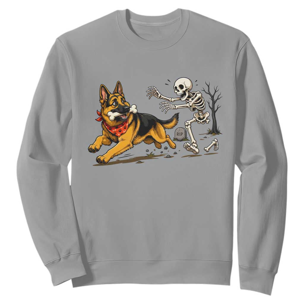 German Shepherd Stealing Skeleton Bone Cemetery Chase Sweatshirt Funny Dog Halloween Graphic