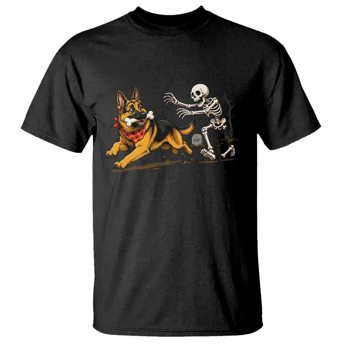 German Shepherd Stealing Skeleton Bone Cemetery Chase T Shirt Funny Dog Halloween Graphic