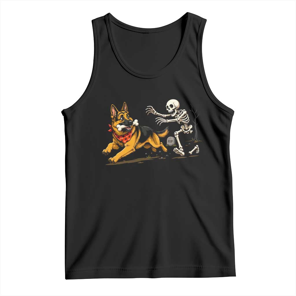 German Shepherd Stealing Skeleton Bone Cemetery Chase Tank Top Funny Dog Halloween Graphic