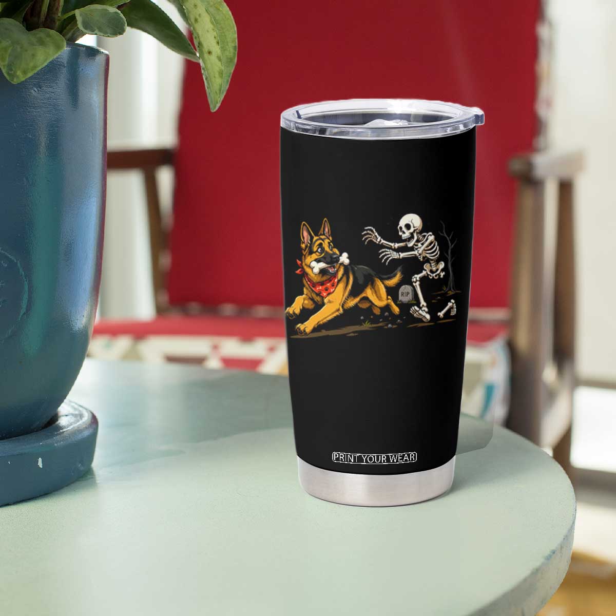 German Shepherd Stealing Skeleton Bone Cemetery Chase Tumbler Cup Funny Dog Halloween Graphic