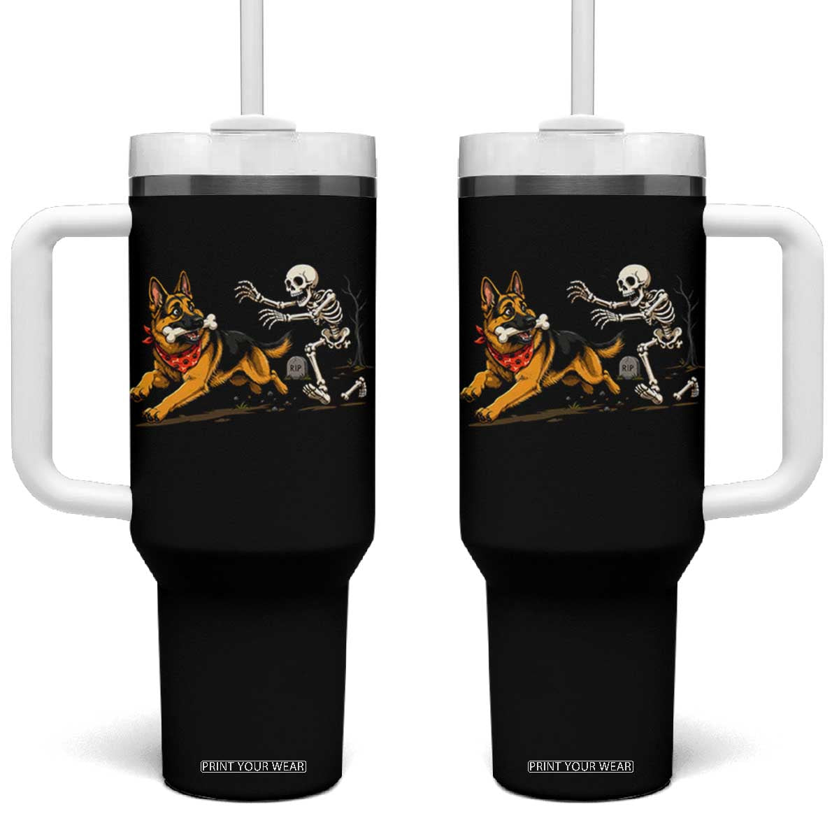 German Shepherd Stealing Skeleton Bone Cemetery Chase Tumbler With Handle Funny Dog Halloween Graphic