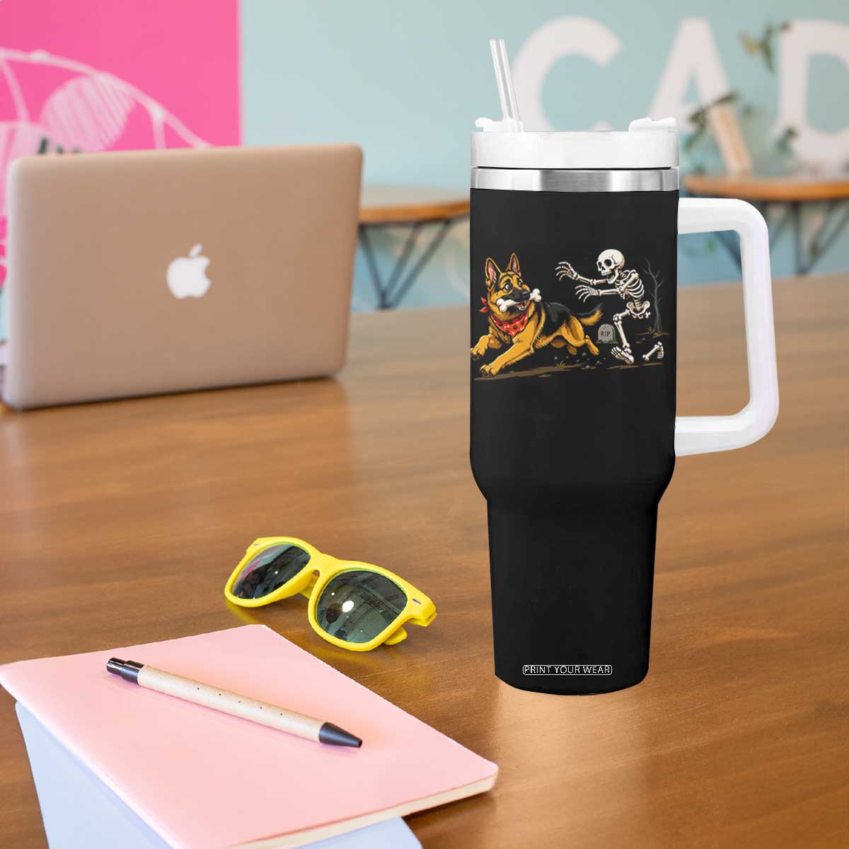 German Shepherd Stealing Skeleton Bone Cemetery Chase Tumbler With Handle Funny Dog Halloween Graphic
