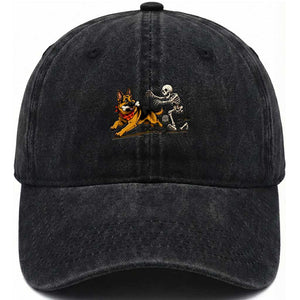 German Shepherd Stealing Skeleton Bone Cemetery Chase Washed Cotton Baseball Cap Funny Dog Halloween Graphic