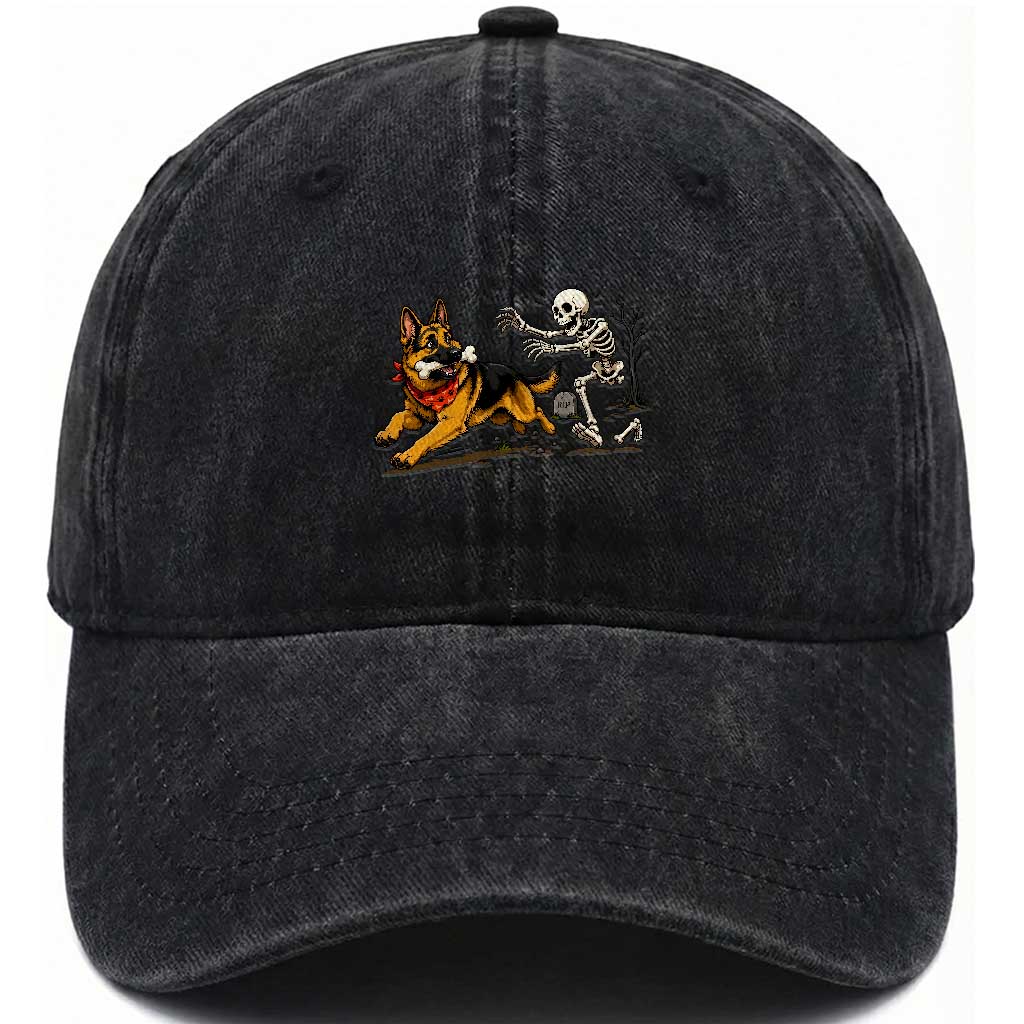 German Shepherd Stealing Skeleton Bone Cemetery Chase Washed Cotton Baseball Cap Funny Dog Halloween Graphic