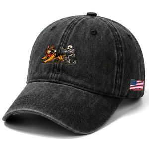German Shepherd Stealing Skeleton Bone Cemetery Chase Washed Cotton Baseball Cap Funny Dog Halloween Graphic