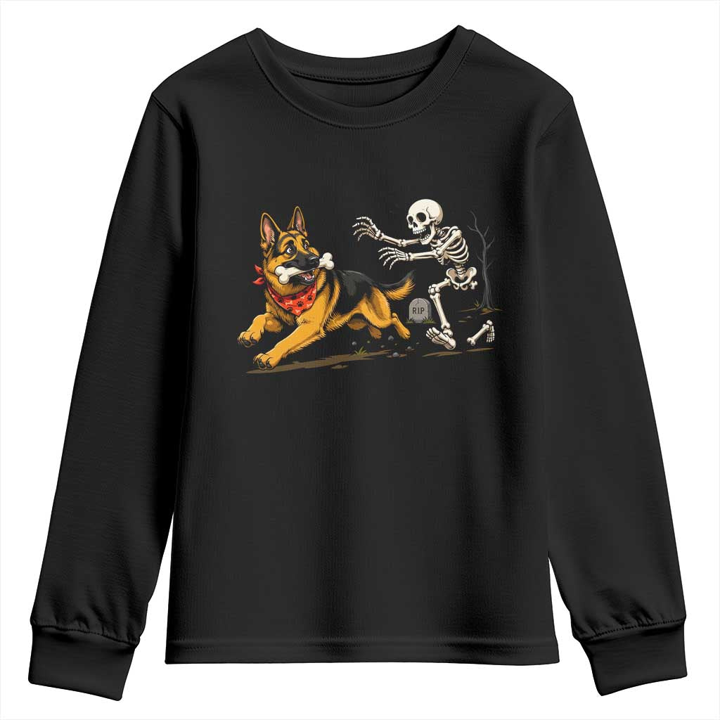 German Shepherd Stealing Skeleton Bone Cemetery Chase Youth Sweatshirt Funny Dog Halloween Graphic
