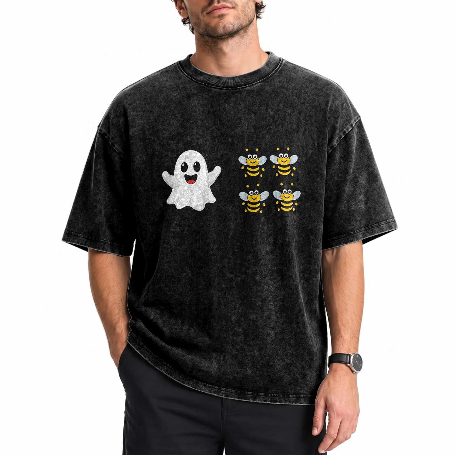 Cute Boo Bees Ghost 4 Bumblebees Funny Pun Washed Cotton T-Shirt Halloween Wordplay Humor