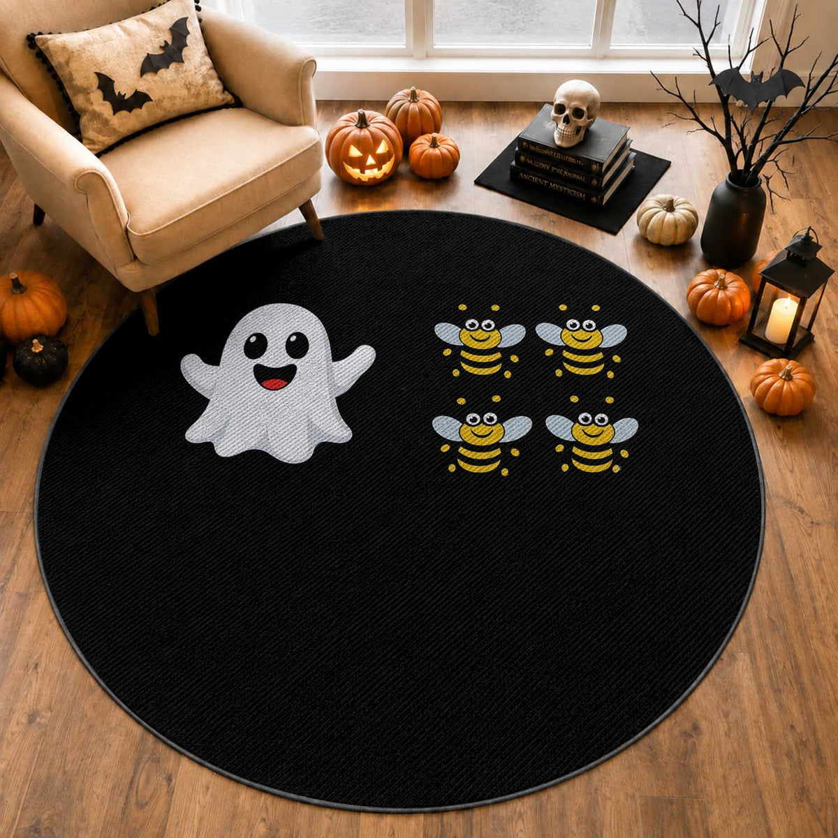 Cute Boo Bees Ghost 4 Bumblebees Funny Pun Round Rug Halloween Wordplay Humor