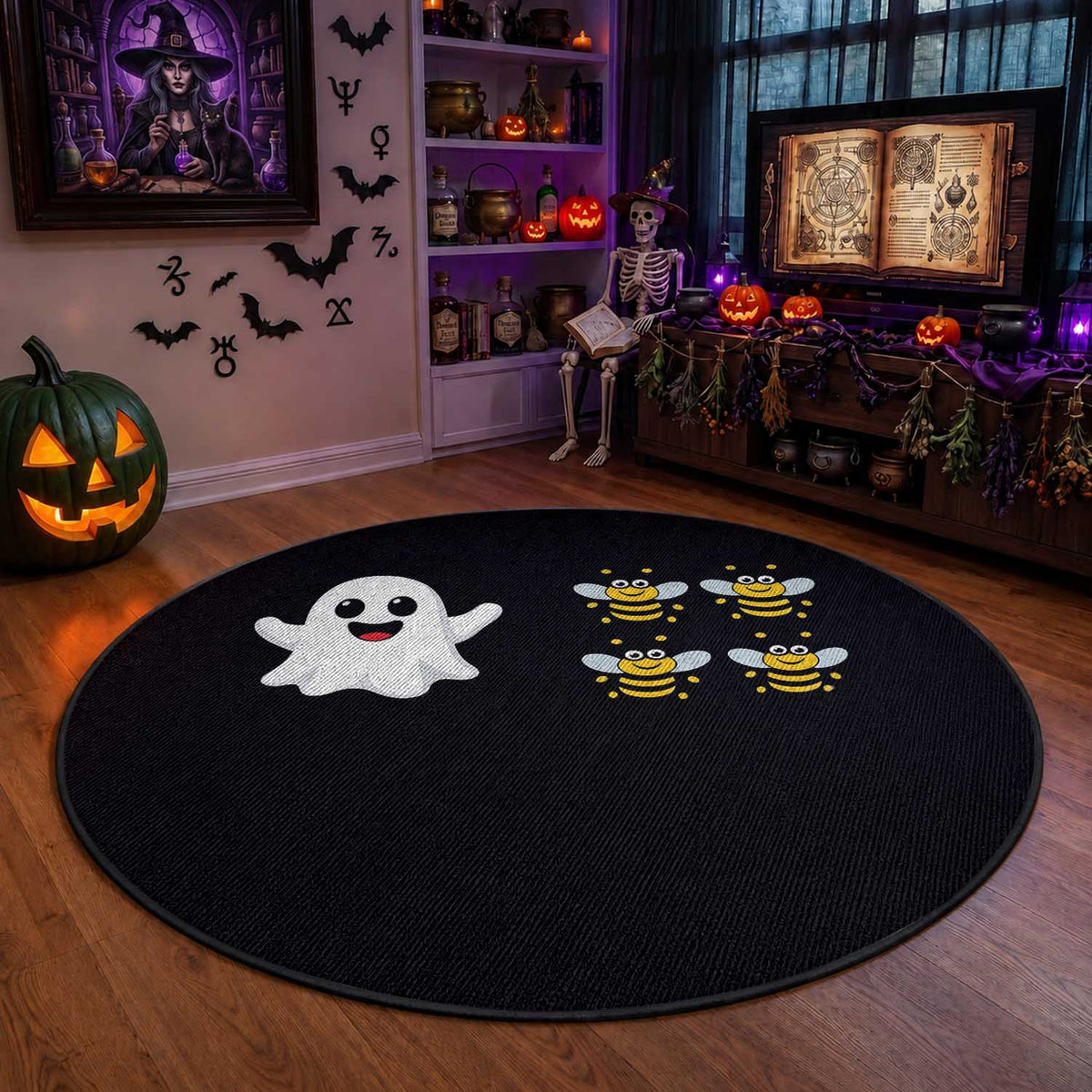 Cute Boo Bees Ghost 4 Bumblebees Funny Pun Round Rug Halloween Wordplay Humor