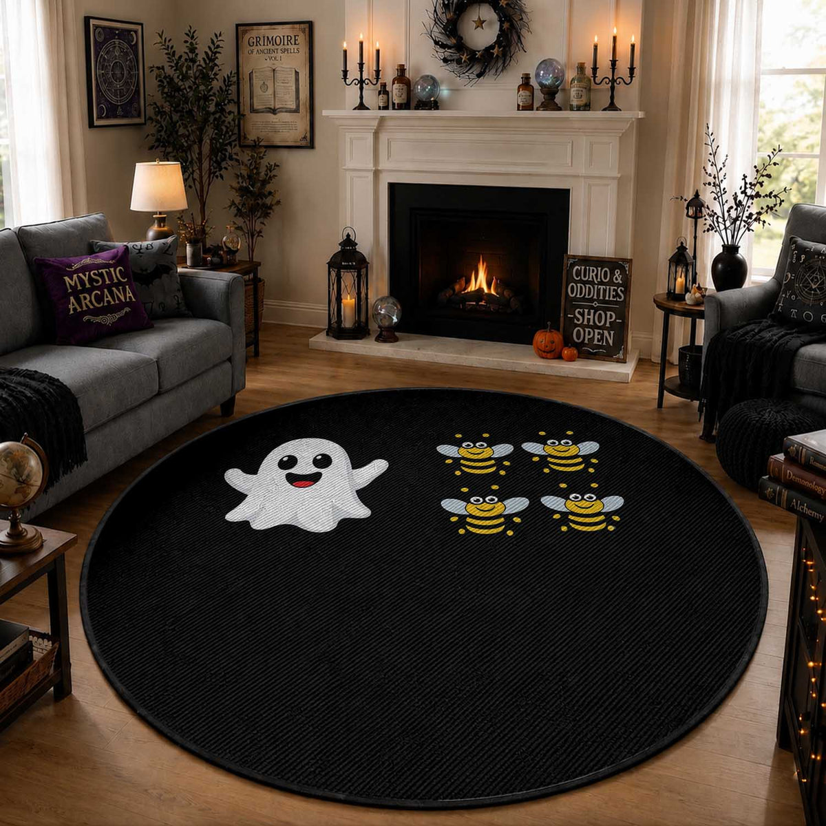 Cute Boo Bees Ghost 4 Bumblebees Funny Pun Round Rug Halloween Wordplay Humor