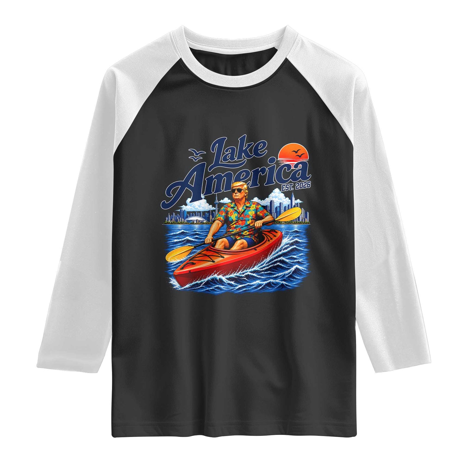 Lake America Est 2026 Orange Man Kayaking Graphic Raglan Shirt Kayak Life Outdoor Summer Boating Sunset
