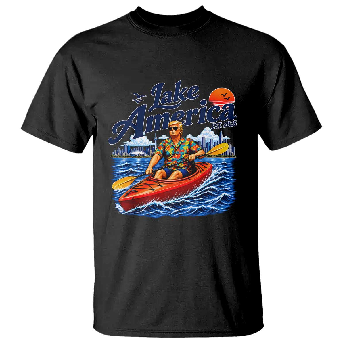 Lake America Est 2026 Orange Man Kayaking Graphic T Shirt Kayak Life Outdoor Summer Boating Sunset