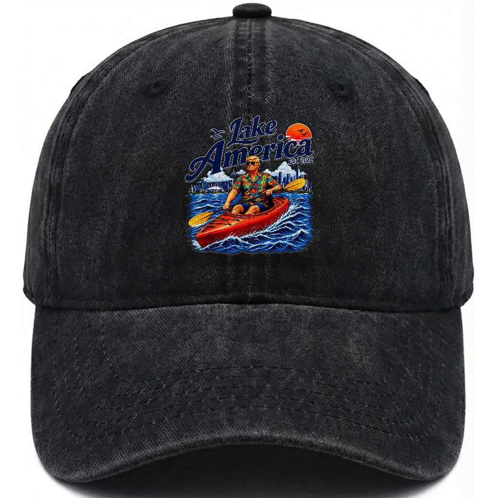 Lake America Est 2026 Orange Man Kayaking Graphic Washed Cotton Baseball Cap Kayak Life Outdoor Summer Boating Sunset
