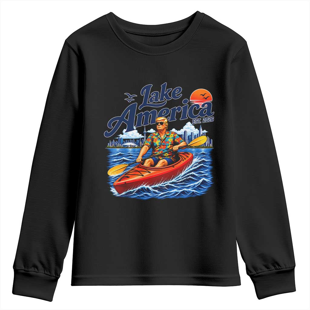 Lake America Est 2026 Orange Man Kayaking Graphic Youth Sweatshirt Kayak Life Outdoor Summer Boating Sunset