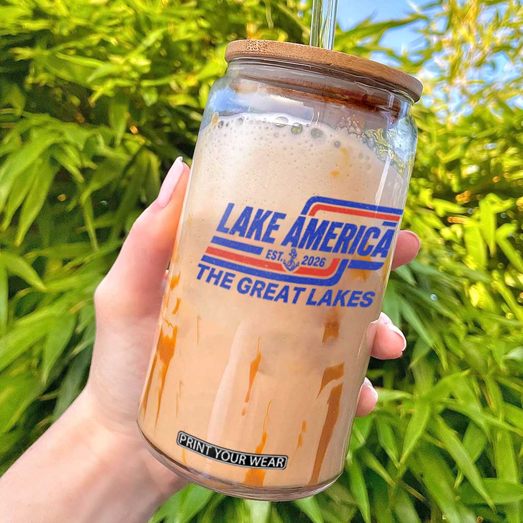 Lake America Est 2026 Retro Racing Stripes Patriotic Glass Can Great Lakes Nautical Graphic