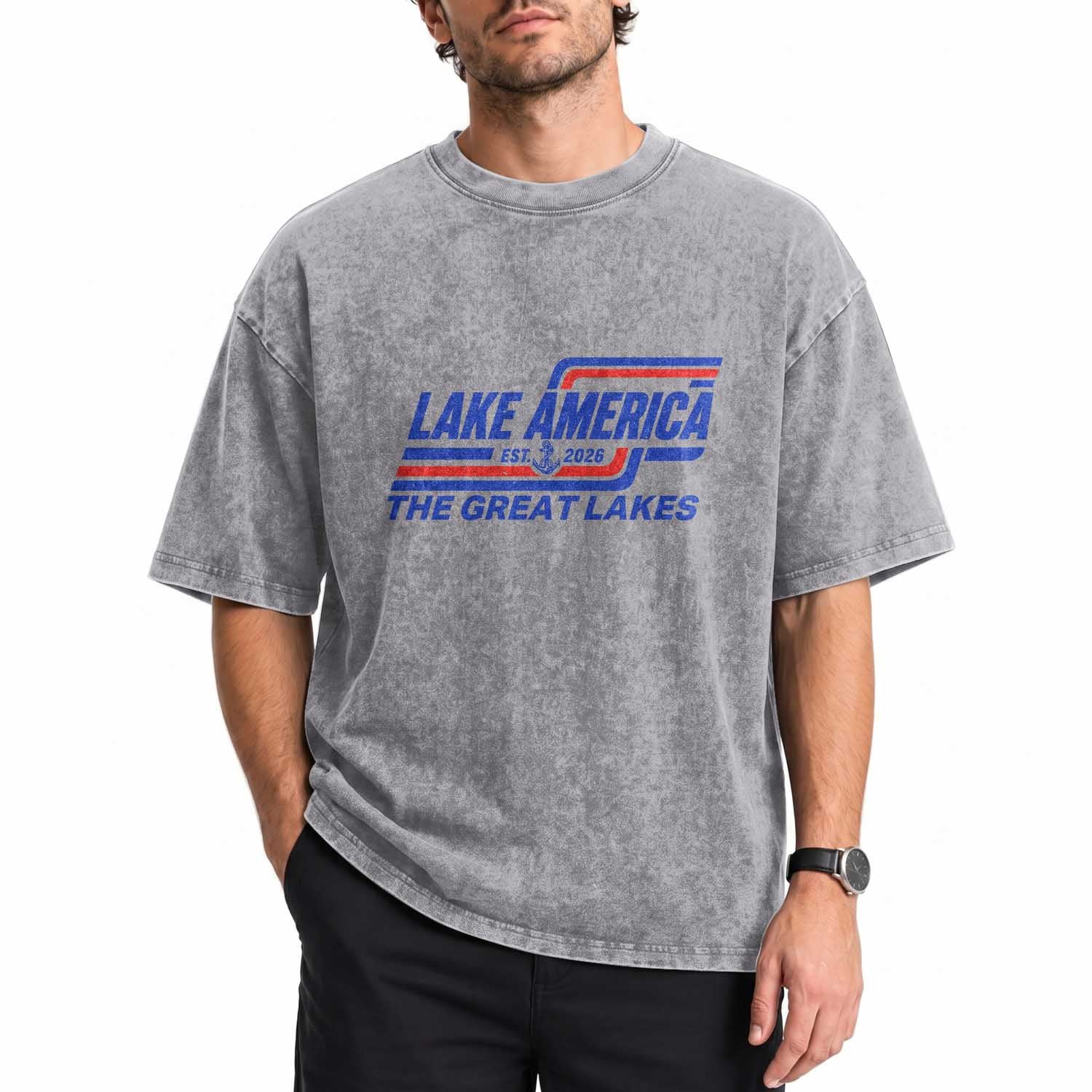 Lake America Est 2026 Retro Racing Stripes Patriotic Washed Cotton T-Shirt Great Lakes Nautical Graphic