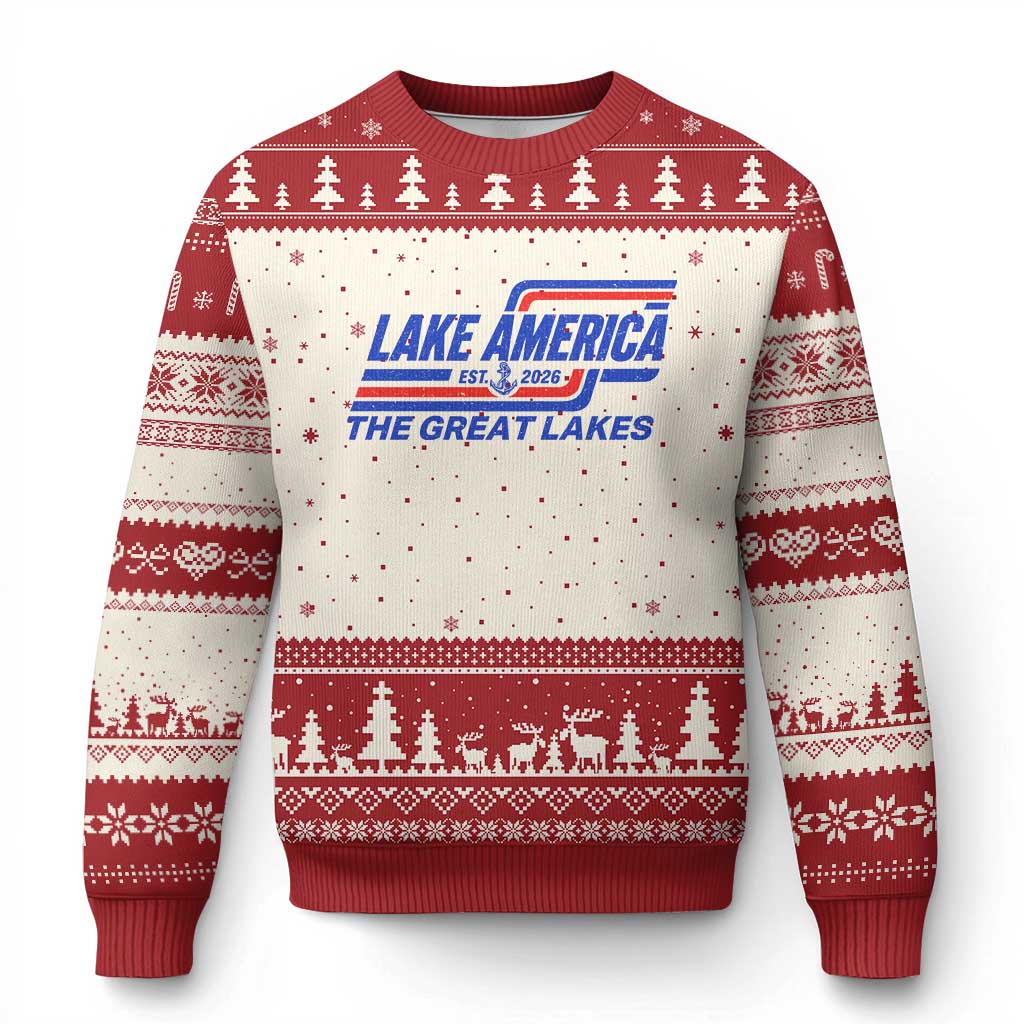Lake America Est 2026 Retro Racing Stripes Patriotic Ugly Christmas Sweater Great Lakes Nautical Graphic