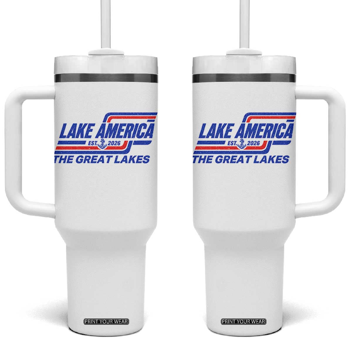 Lake America Est 2026 Retro Racing Stripes Patriotic Tumbler With Handle Great Lakes Nautical Graphic