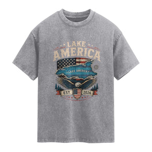 Lake America Est 2026 American Flag Eagle Washed Cotton T-Shirt Map Great Lakes Pride