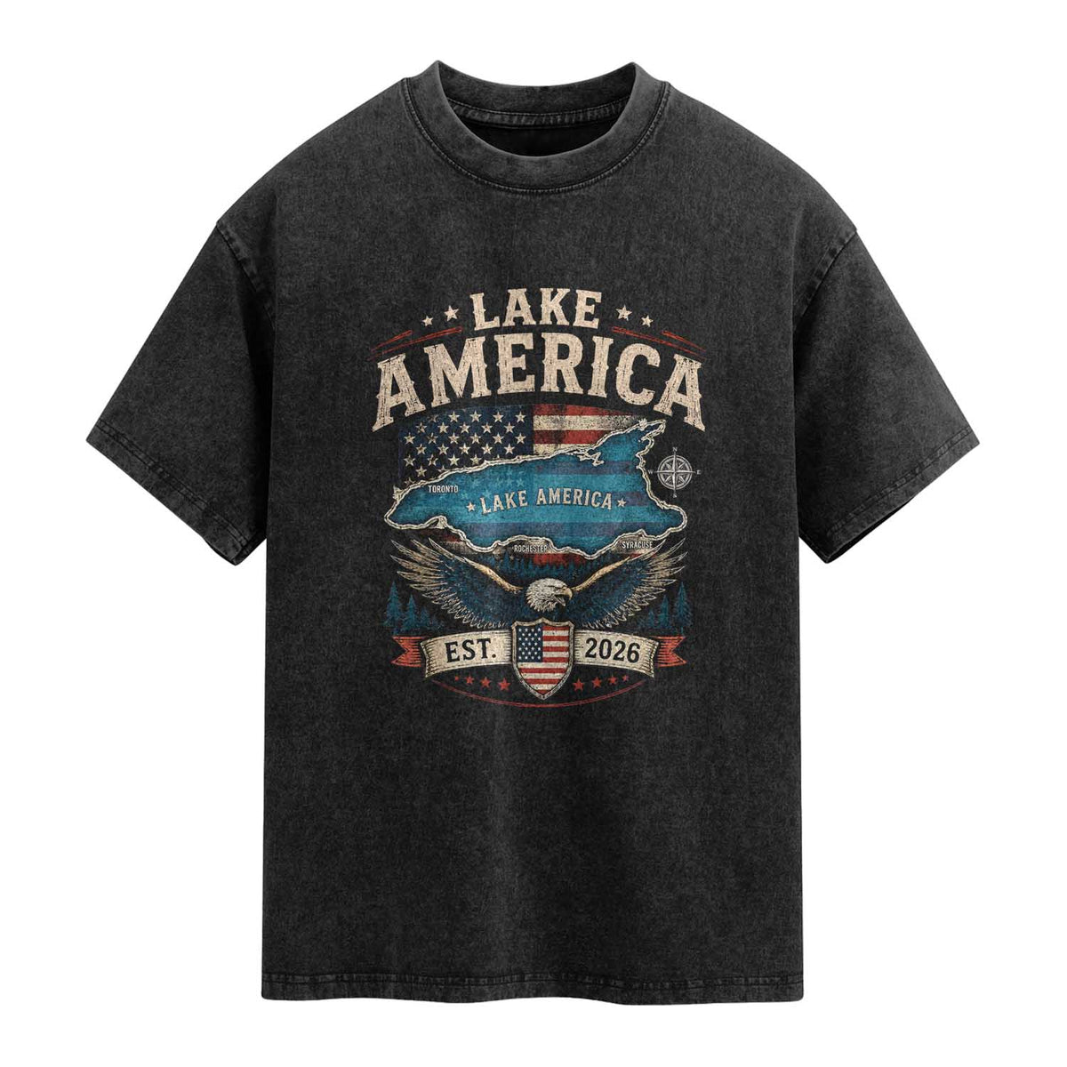 Lake America Est 2026 American Flag Eagle Washed Cotton T-Shirt Map Great Lakes Pride