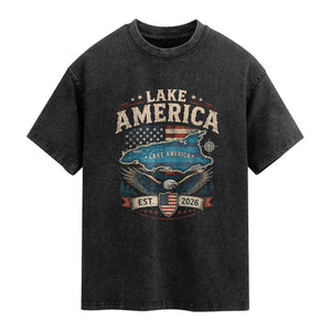 Lake America Est 2026 American Flag Eagle Washed Cotton T-Shirt Map Great Lakes Pride