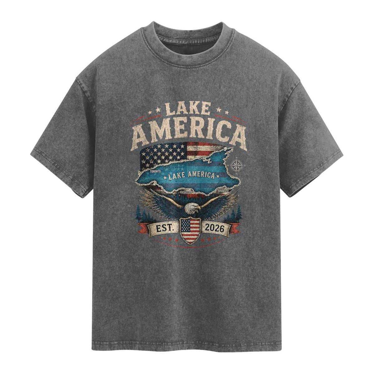 Lake America Est 2026 American Flag Eagle Washed Cotton T-Shirt Map Great Lakes Pride