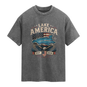 Lake America Est 2026 American Flag Eagle Washed Cotton T-Shirt Map Great Lakes Pride
