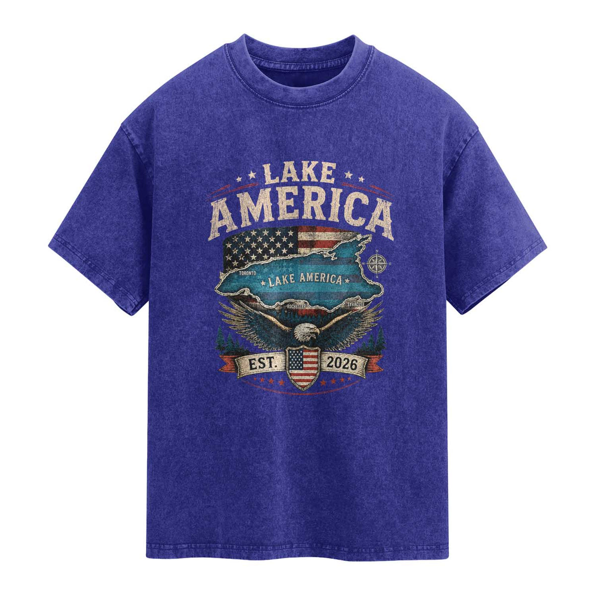 Lake America Est 2026 American Flag Eagle Washed Cotton T-Shirt Map Great Lakes Pride