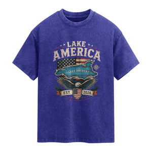 Lake America Est 2026 American Flag Eagle Washed Cotton T-Shirt Map Great Lakes Pride