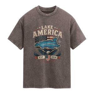 Lake America Est 2026 American Flag Eagle Washed Cotton T-Shirt Map Great Lakes Pride