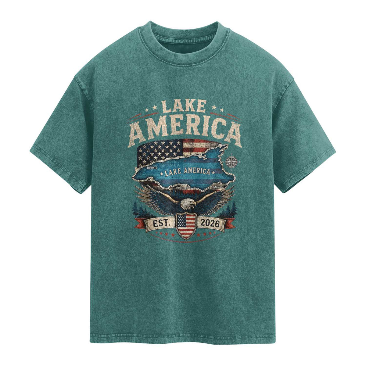 Lake America Est 2026 American Flag Eagle Washed Cotton T-Shirt Map Great Lakes Pride