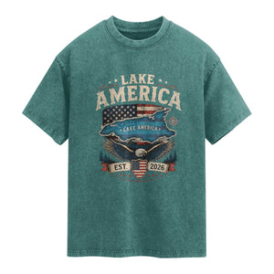 Lake America Est 2026 American Flag Eagle Washed Cotton T-Shirt Map Great Lakes Pride
