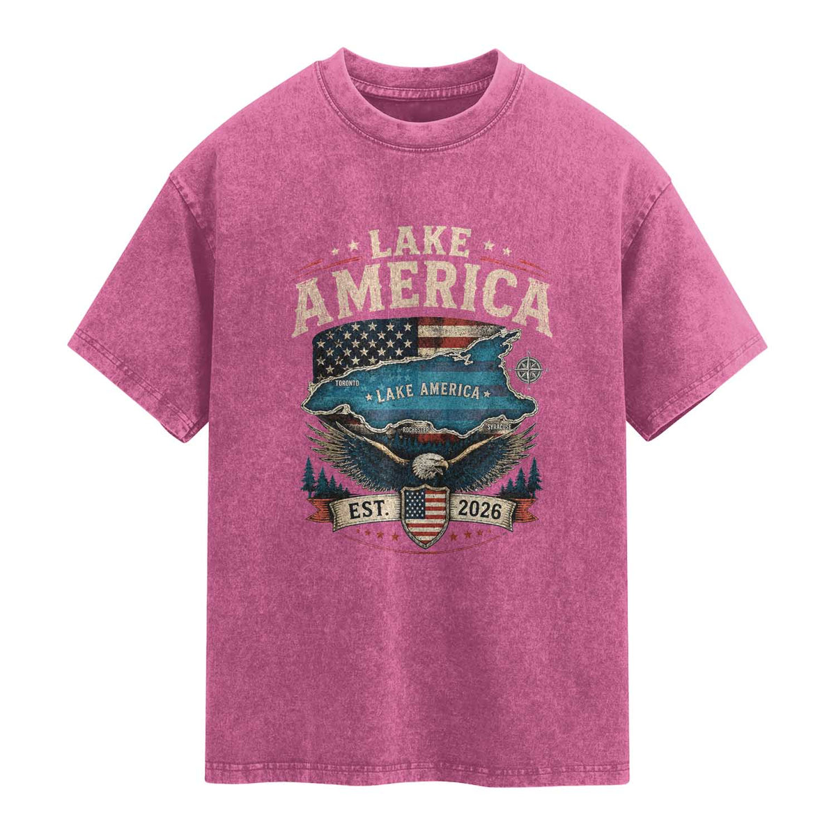 Lake America Est 2026 American Flag Eagle Washed Cotton T-Shirt Map Great Lakes Pride