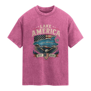 Lake America Est 2026 American Flag Eagle Washed Cotton T-Shirt Map Great Lakes Pride