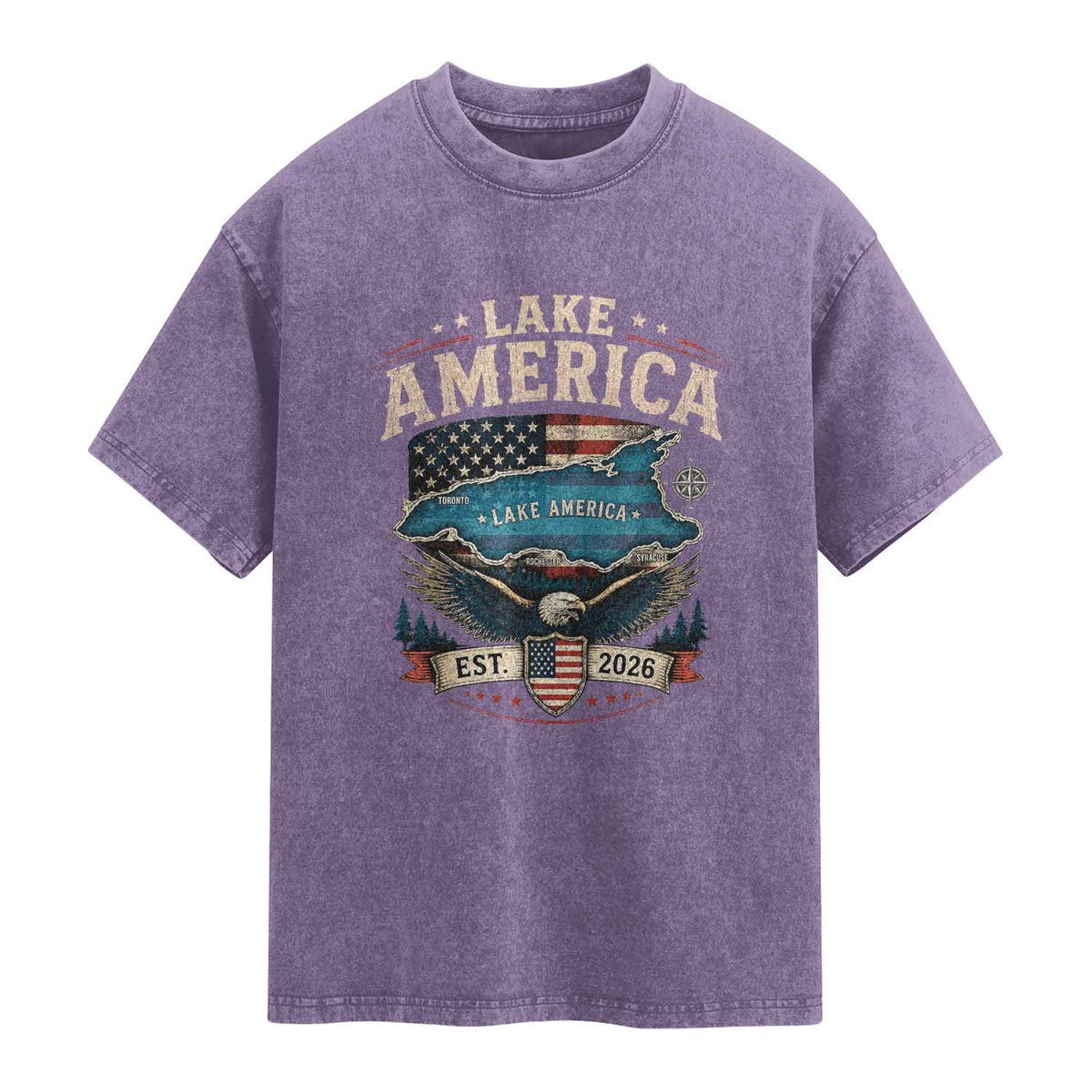 Lake America Est 2026 American Flag Eagle Washed Cotton T-Shirt Map Great Lakes Pride