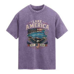 Lake America Est 2026 American Flag Eagle Washed Cotton T-Shirt Map Great Lakes Pride