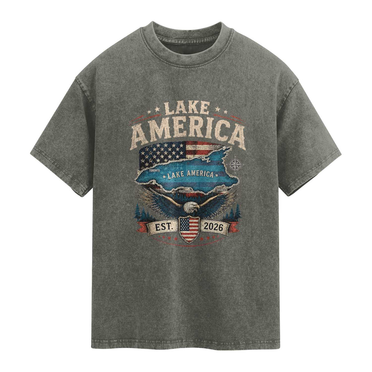 Lake America Est 2026 American Flag Eagle Washed Cotton T-Shirt Map Great Lakes Pride
