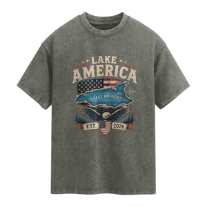 Lake America Est 2026 American Flag Eagle Washed Cotton T-Shirt Map Great Lakes Pride