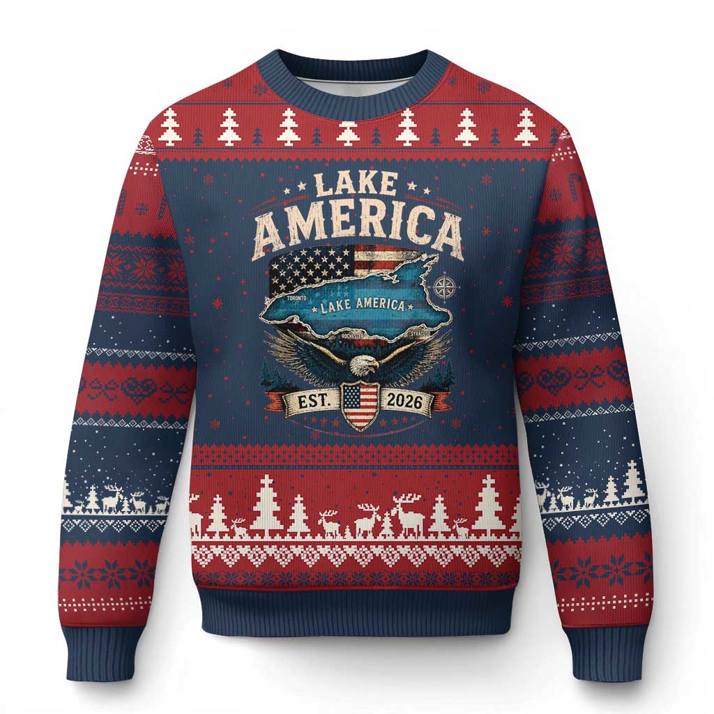 Lake America Est 2026 American Flag Eagle Ugly Christmas Sweater Map Great Lakes Pride