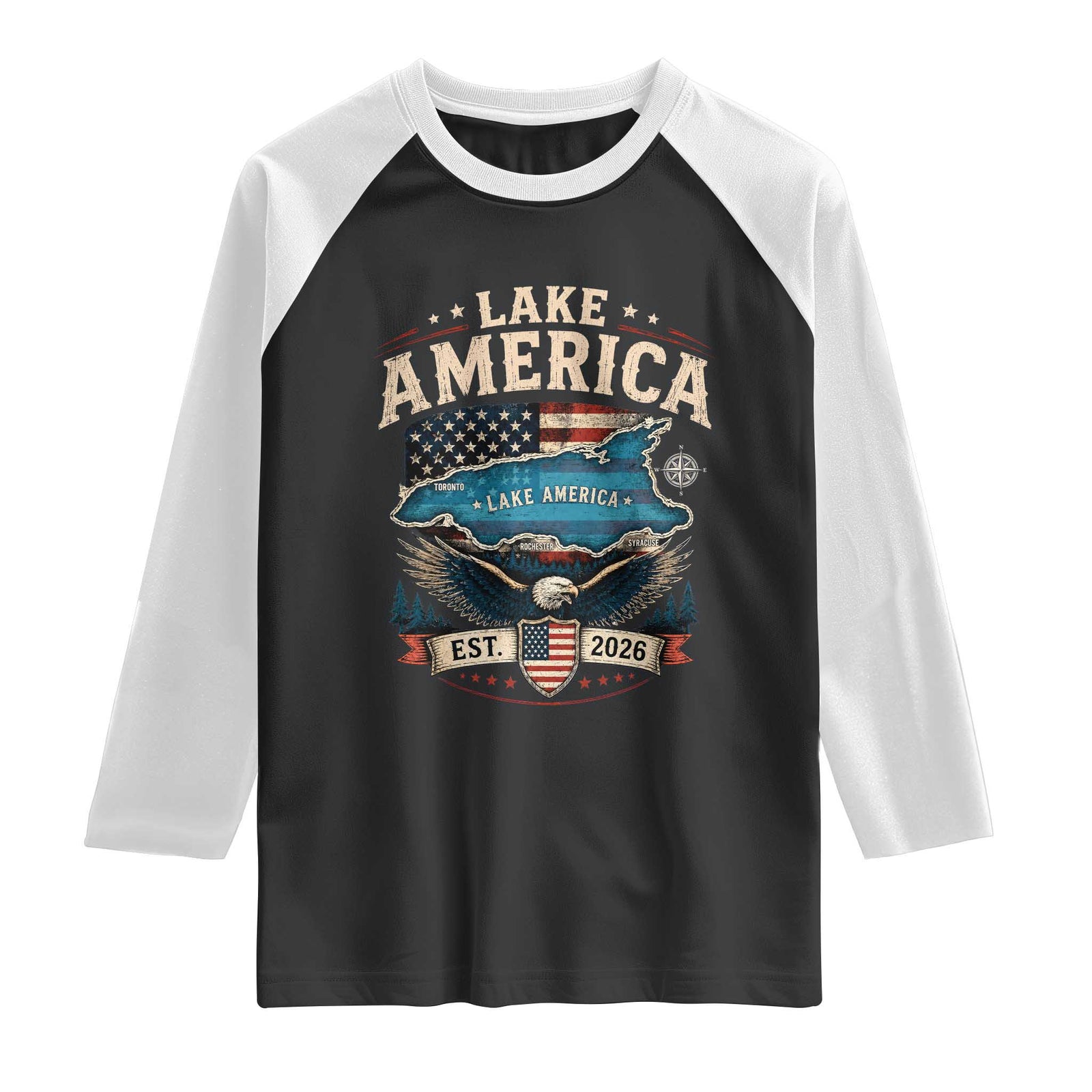 Lake America Est 2026 American Flag Eagle Raglan Shirt Map Great Lakes Pride