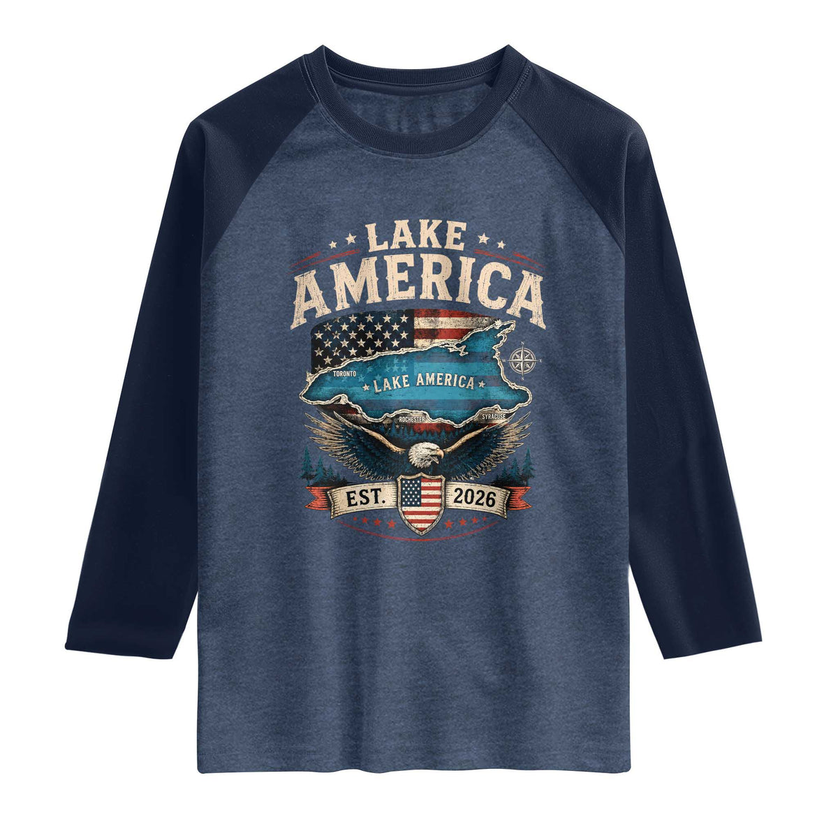 Lake America Est 2026 American Flag Eagle Raglan Shirt Map Great Lakes Pride