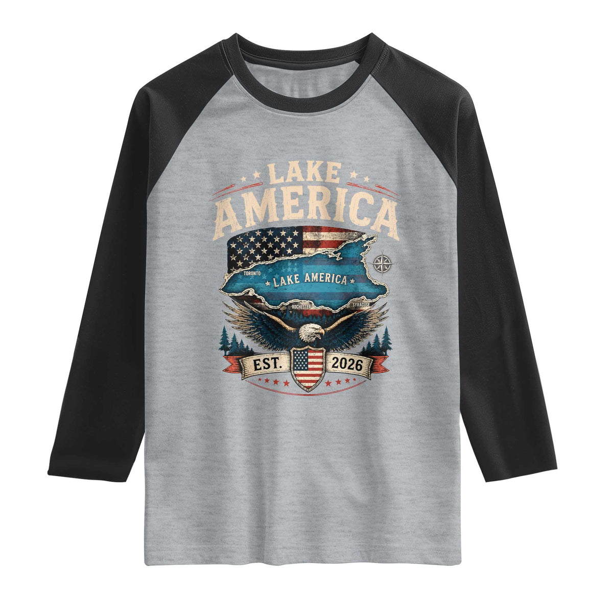 Lake America Est 2026 American Flag Eagle Raglan Shirt Map Great Lakes Pride