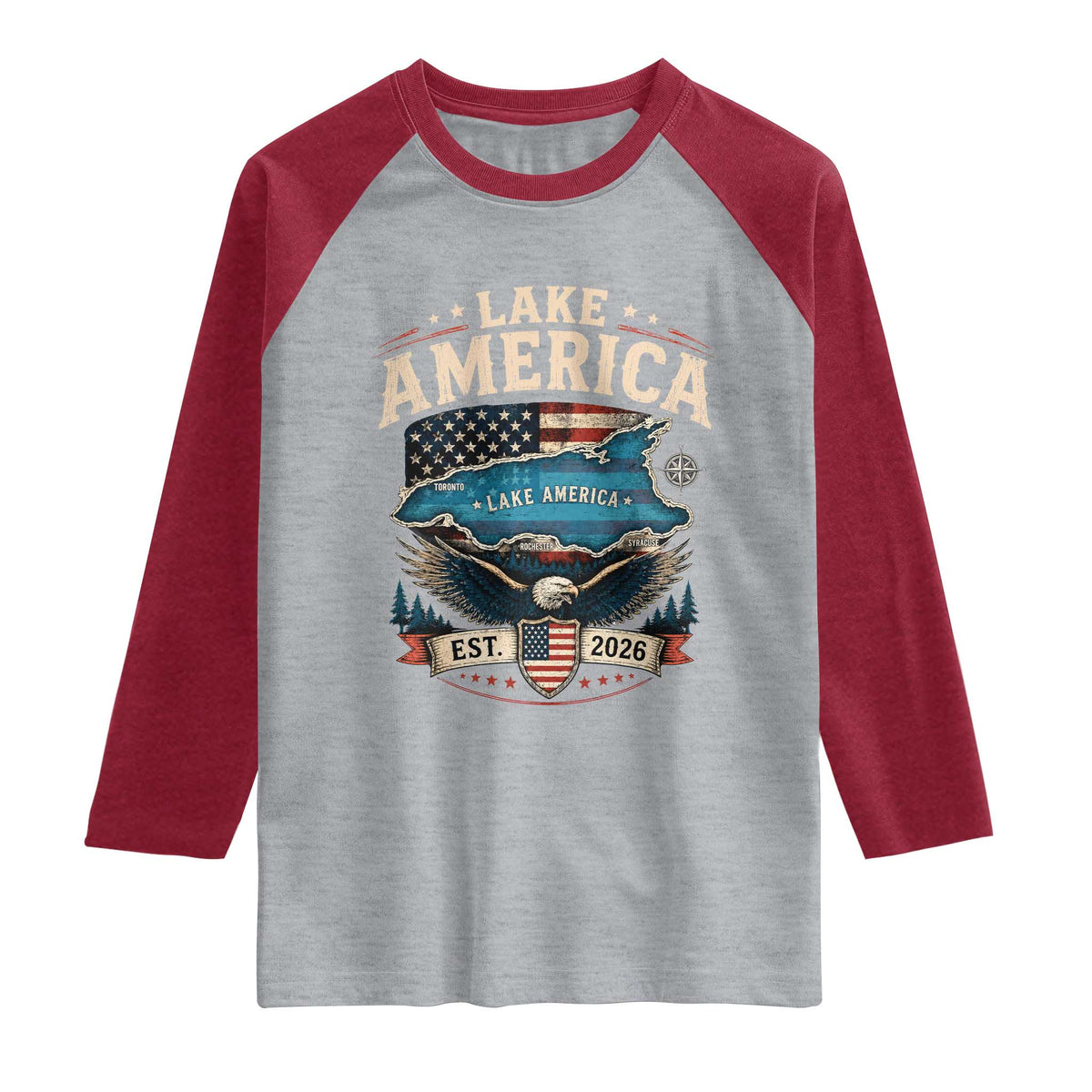 Lake America Est 2026 American Flag Eagle Raglan Shirt Map Great Lakes Pride
