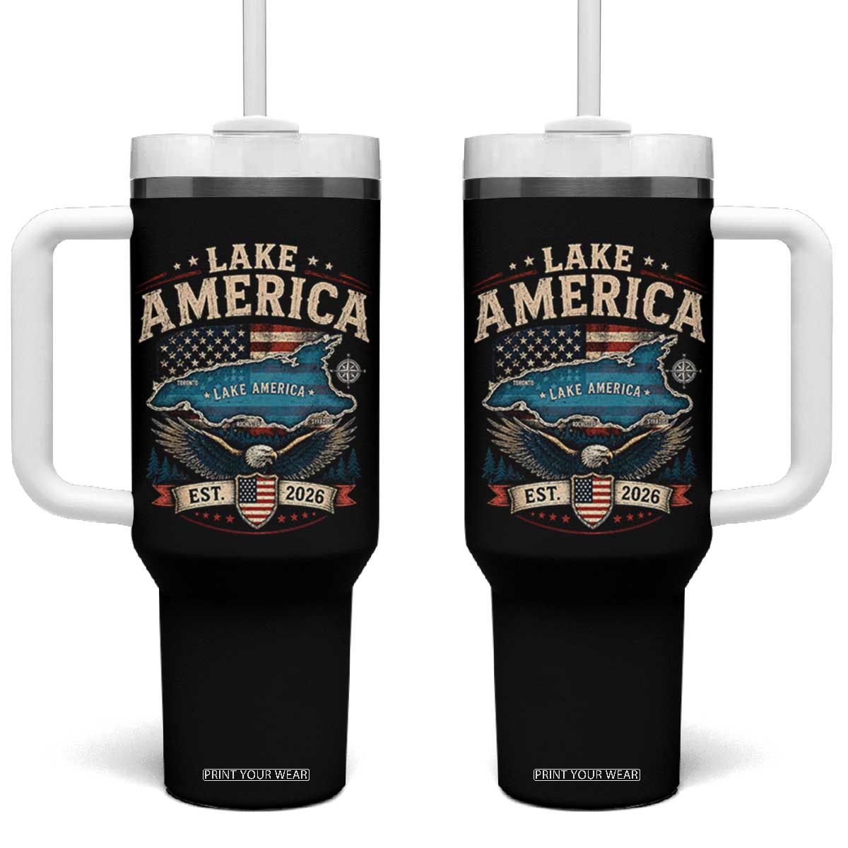 Lake America Est 2026 American Flag Eagle Tumbler With Handle Map Great Lakes Pride